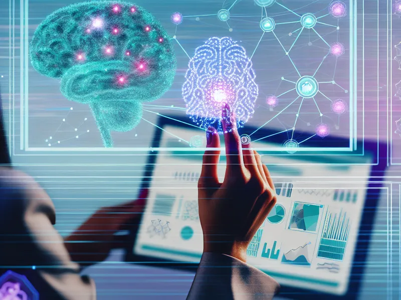 A hand reaching toward a glowing neural-network graphic above a dashboard of charts