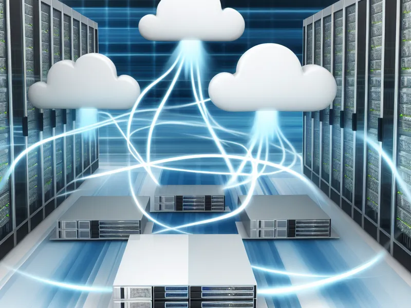 Rows of server racks in a data centre with cloud icons and light trails between them