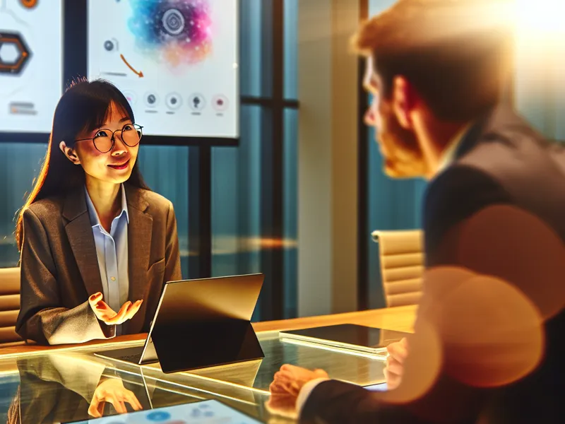 Two people talking across a conference table with a laptop open between them