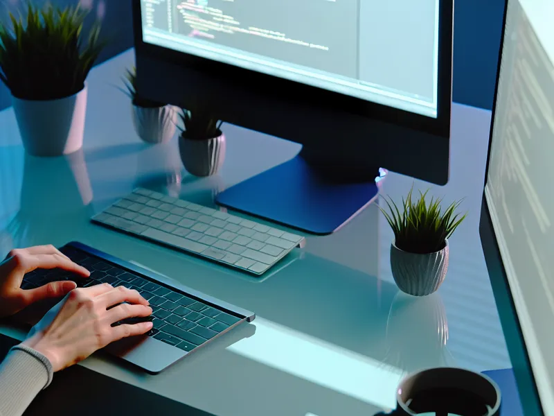 Hands typing on a laptop at a glass desk, beside a monitor showing source code